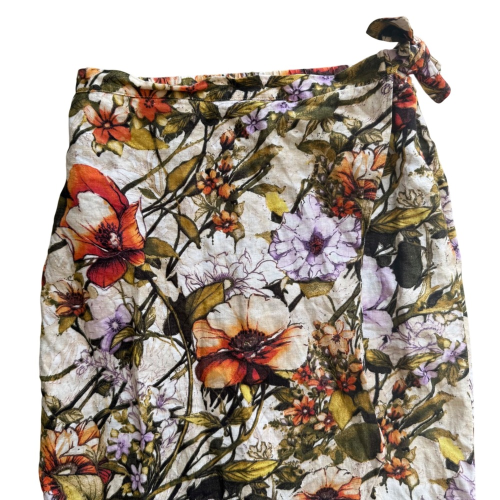 Chicos Floral Linen faux Wrap Midi Skirt Sz 1 luxury chic Garden Party Botanical - Picture 2 of 10